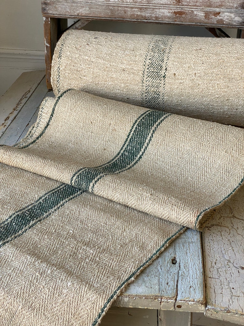Stair Runner Heavy Hemp Grain Sack Fabric by the yard with Green Stripes herringbone Weave Antique Linen image 1