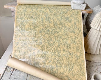 1.5yds French Vintage 1930s Wallpaper Roll Floral Vine Pattern Glossy Green on Beige Brittle Paper Unique Wall Art Handmade wallcovering