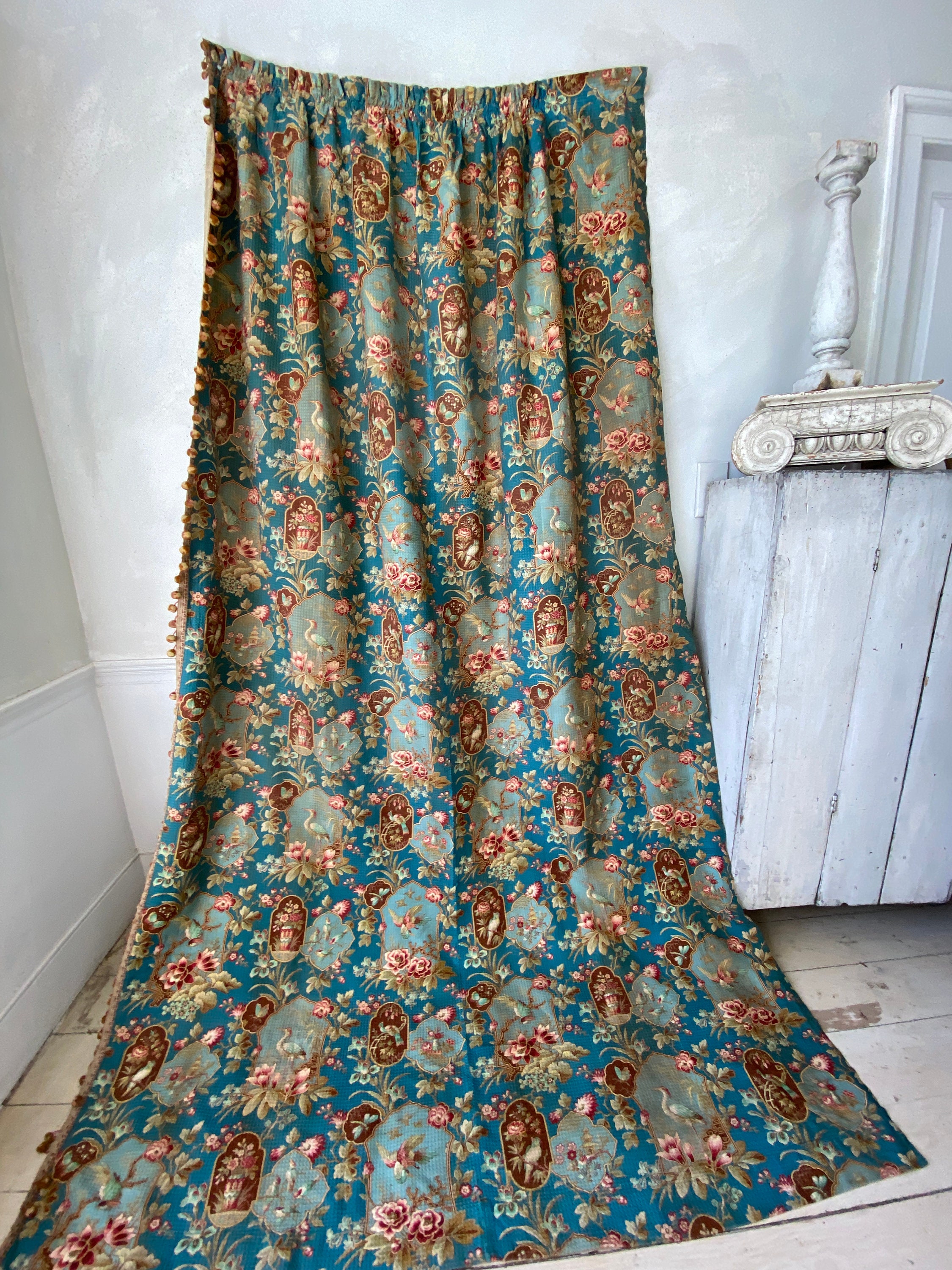 19th Chinoiserie Chinoiseries French Antique Drape Curtain Printed