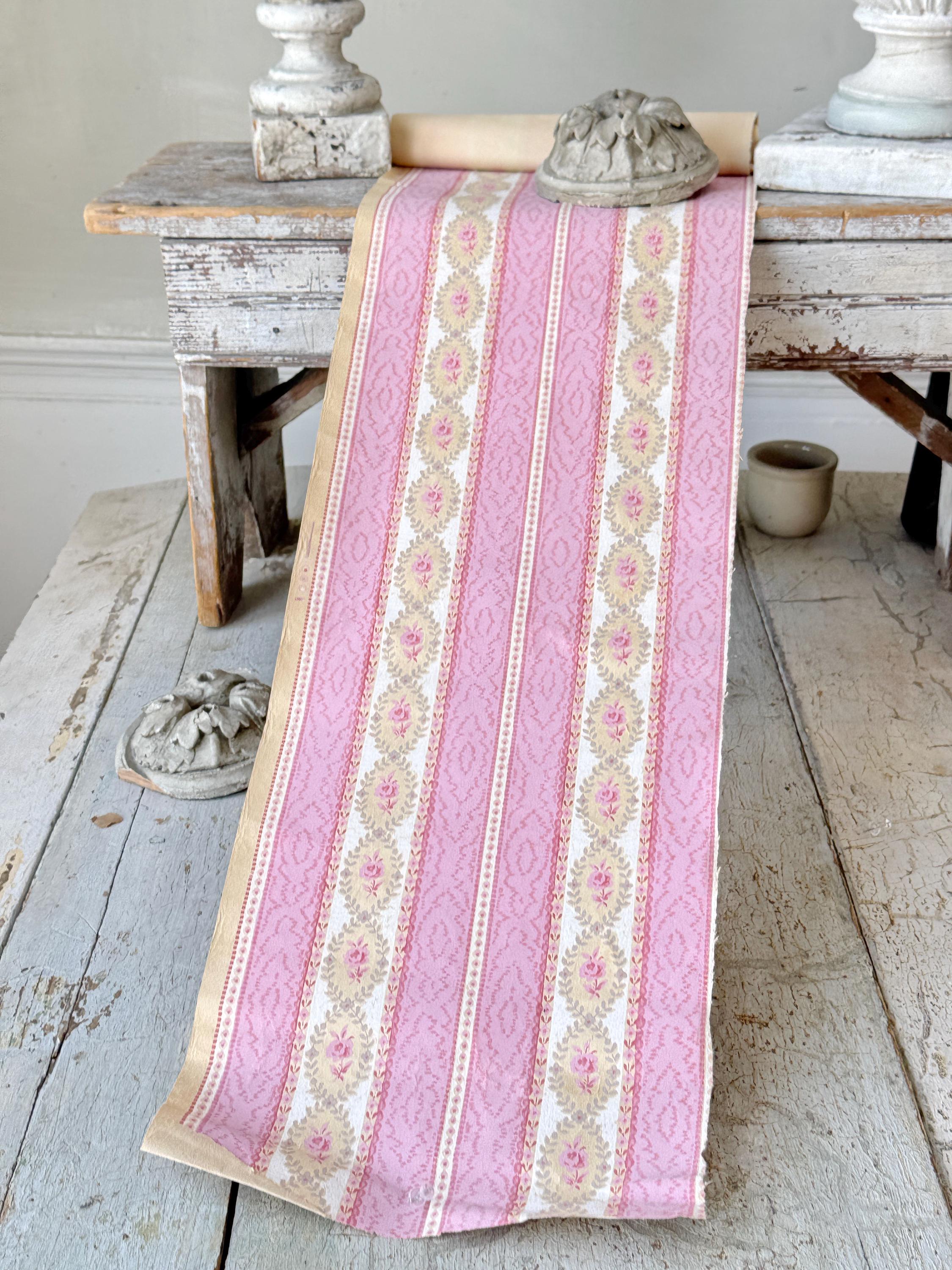 42x10 Antique Belgian Wallpaper Pink Stripe Pattern Design Floral ...
