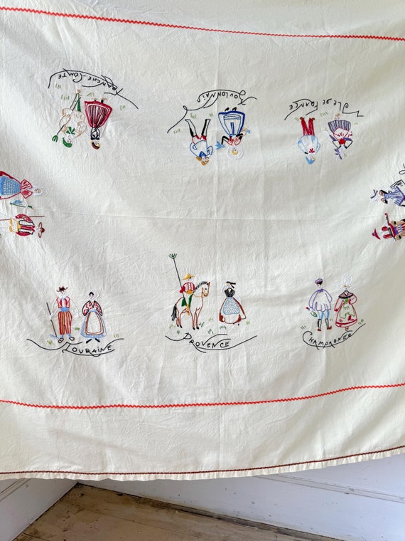 71x48 Regional wall art decor Embroidered French tablecloth embroidery Popular right now textile handmade hand  1950's midcentury modern