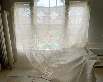 EXTRAORDINARY Antique Lace tablecloth textile from France French white handmade linen cutwork eco-friendly