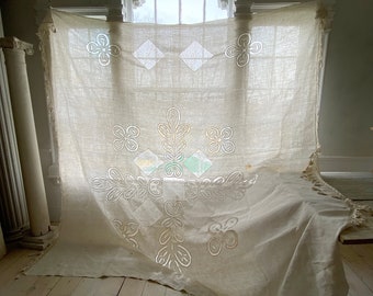 EXTRAORDINARY Antique Lace tablecloth textile from France French white handmade linen cutwork