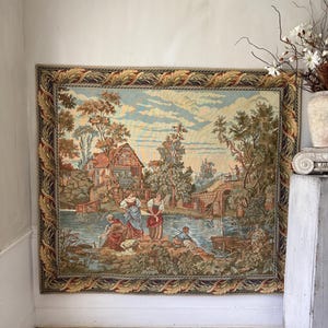64x63 French tapestry wall hanging mill river village scene women washing bordered woven vintage unique wall art  France cotton castlecore