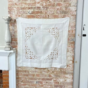 32X32 Antique handmade French White Lace tablecloth  square damask festive Christmas Thanksgiving eco-friendly