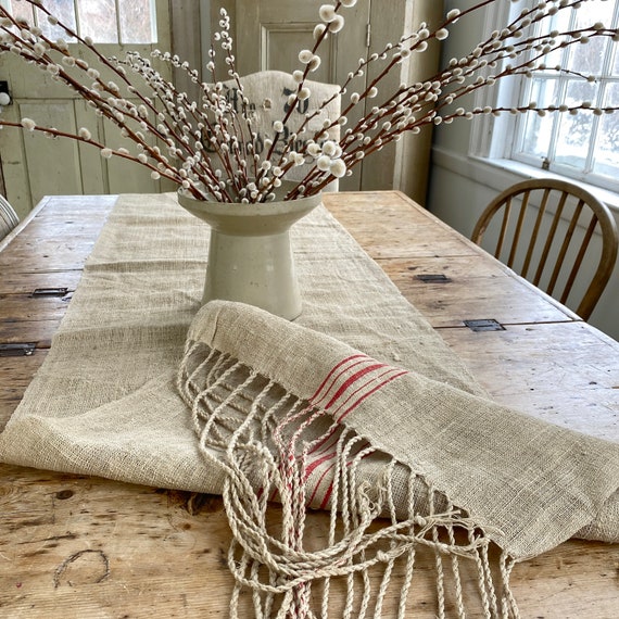 Modern Farmhouse Table Runner Hemp Hand Woven Red Stripe LOOM TIES