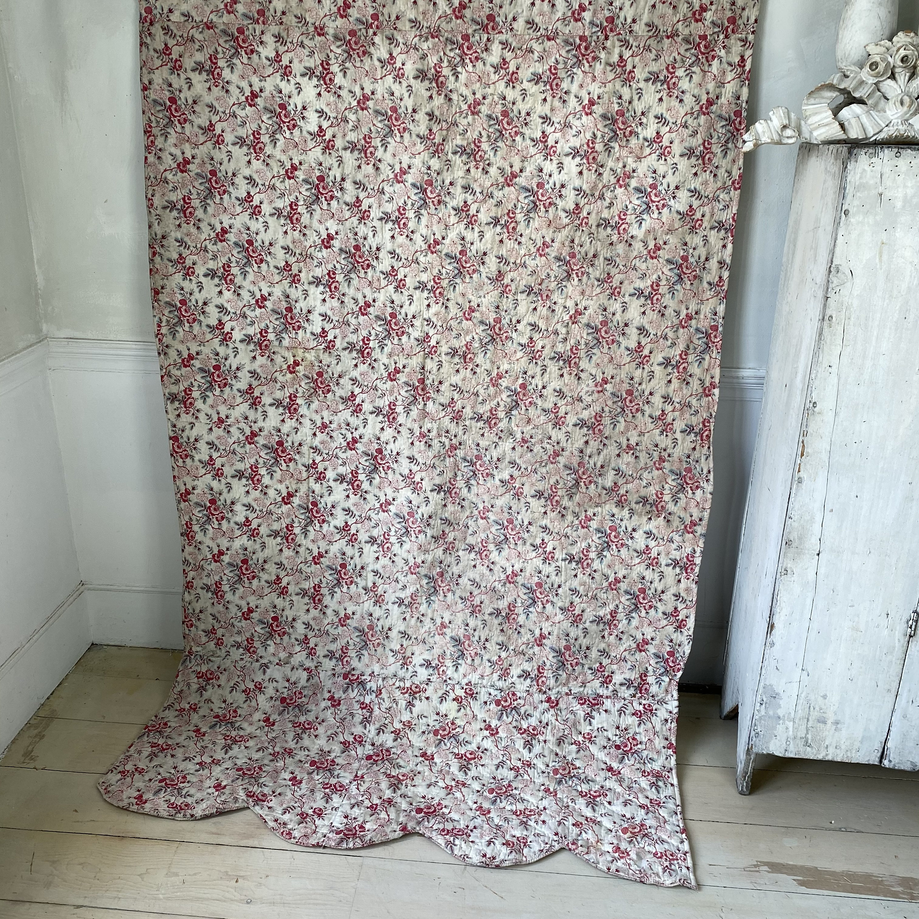 Antique French Chintz Roses Floral Fabric Quilted Fragment 1850s
