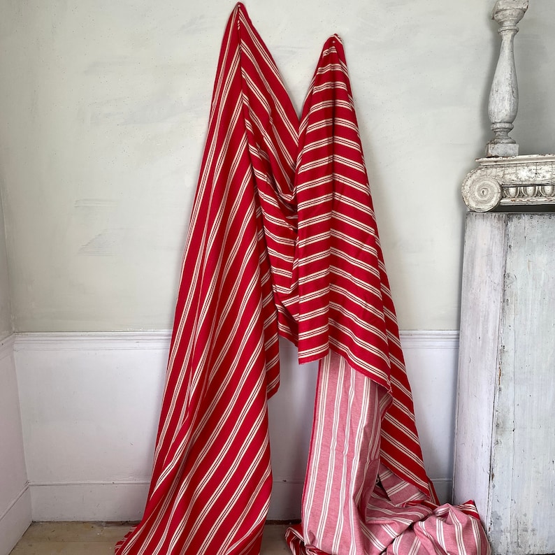 PER YARD GORGEOUS red ecru linen ticking French fabric material striped cloth 19th century heavy weight The Textile Trunk image 1