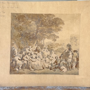 May include: A sepia-toned print depicts a gathering of people in a park-like setting. The scene includes figures in period clothing, seated around a table, and a dog. The artwork is mounted on aged paper.