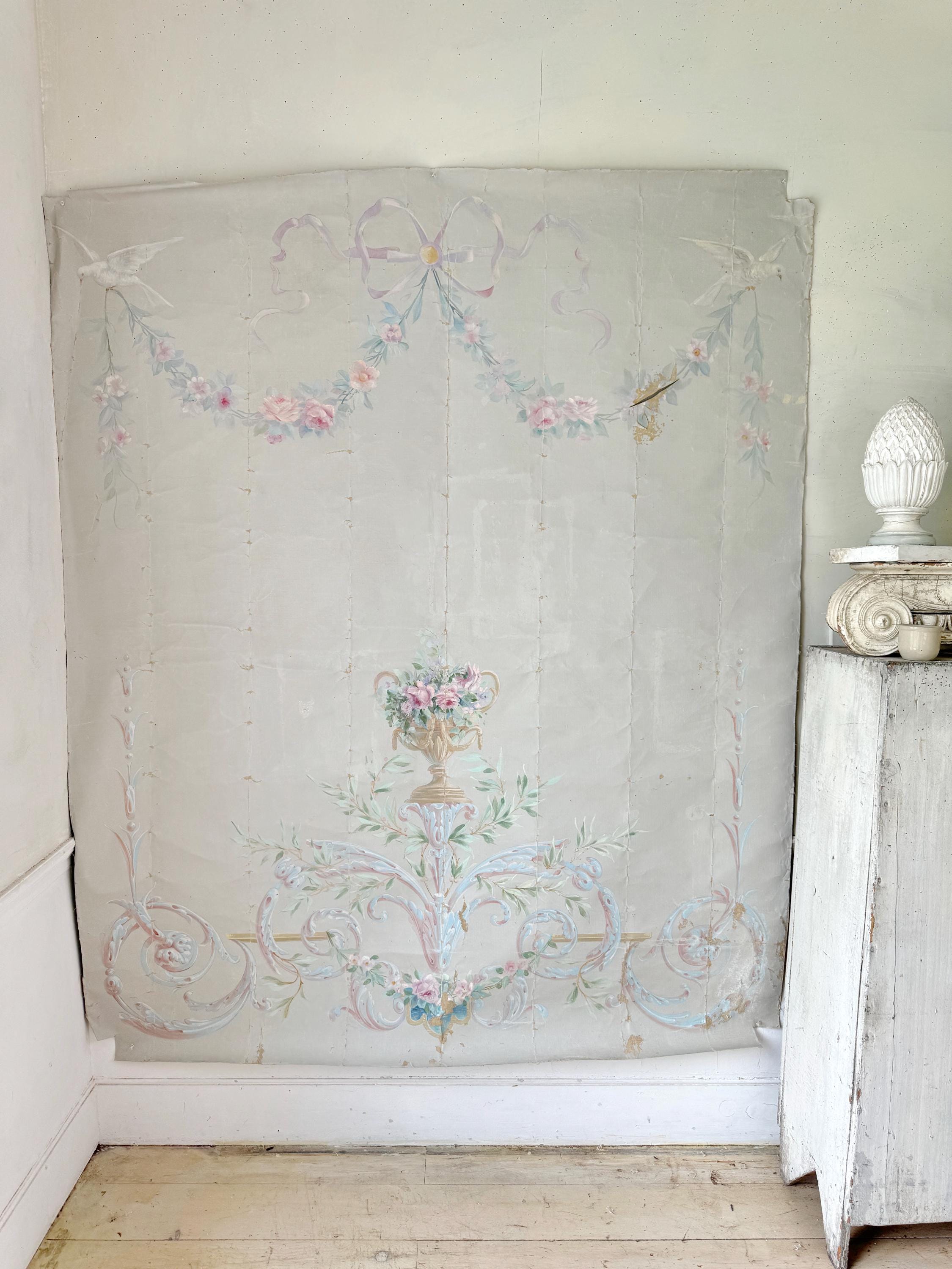 Toile De Fond De Théâtre Ancienne Peinte à La Main - Motif Gouttes Et Rubans - 83x8 Cm - Neuf