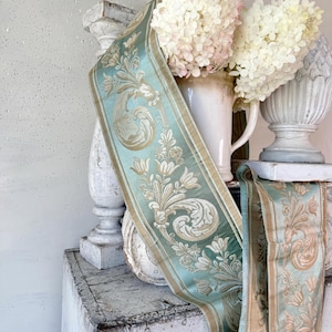 Bordure tissée bleu glacier de damas de soie antique de 2,6 mètres pour des oreillers