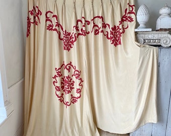 96X109 Curtain Drape silk Wavy cream + Red  FRENCH  AMAZING bed hanging The Textile TrunkUnique window treatment eco-friendly