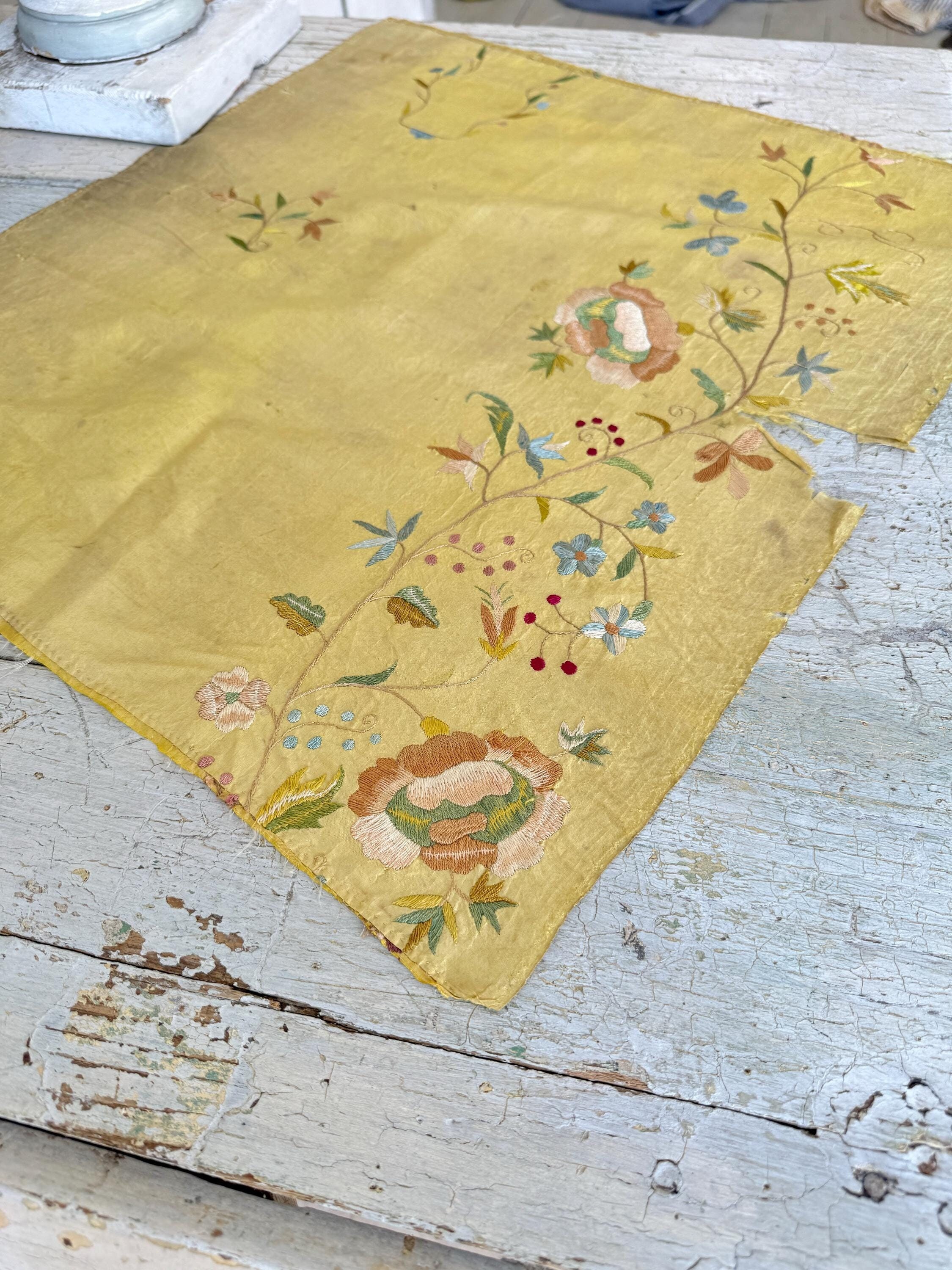 18th or early 19th embroidery embroidered silk wall art English country French decor shabby farmhouse eco-friendly