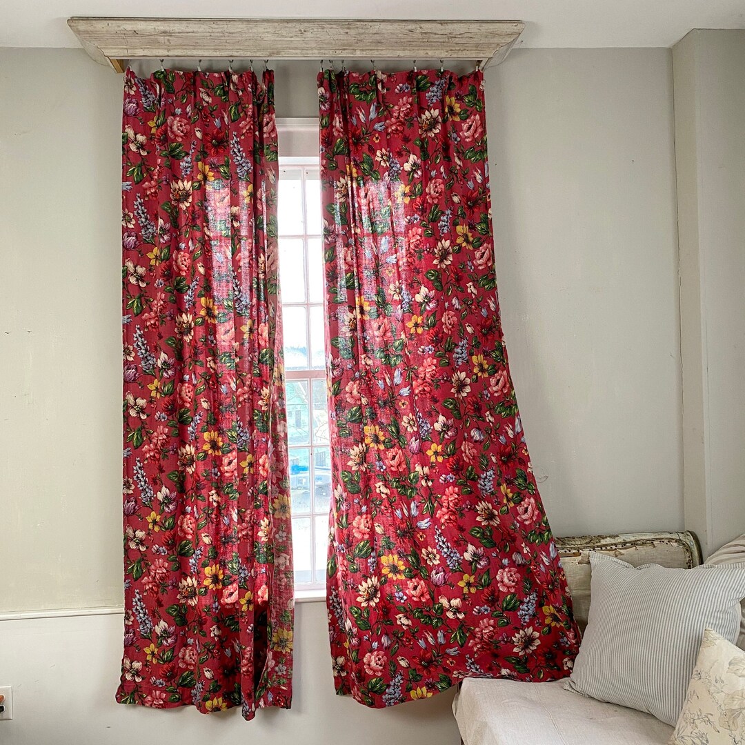 Vintage French Floral LINEN Curtains Curtain Drape Drapes Raspberry
