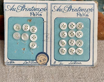 19 Printemps  Antique French mother of pear buttons vintage 1800's 19th historical white country cottage shabby farmhouse decor wall art