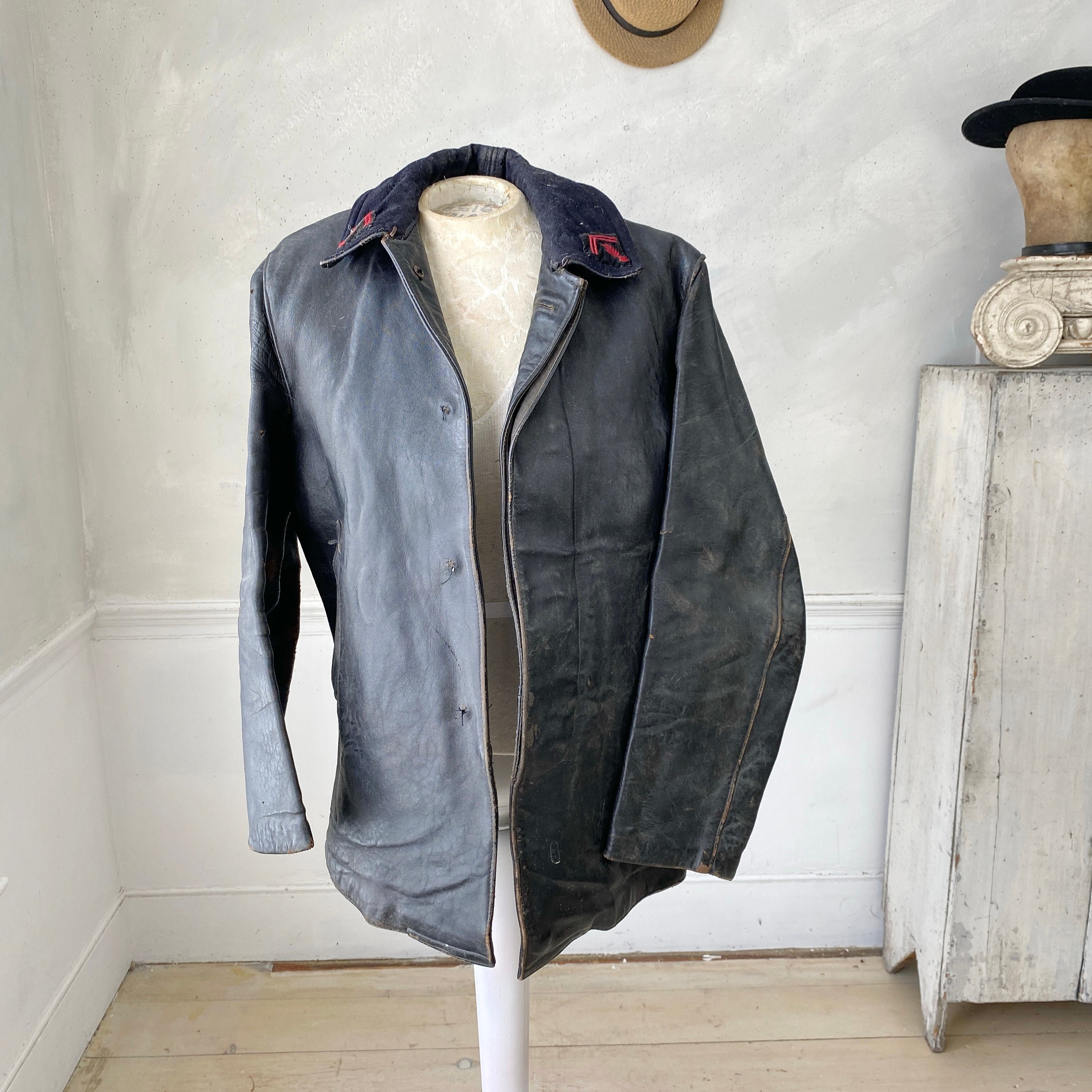 Vintage Pompier Coat French Fireman Work Wear Jacket Black Leather