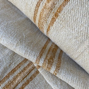 Grain sack Fabric Antique homespun linen Caramel Ochre striped hemp by the yard twill weave image 10