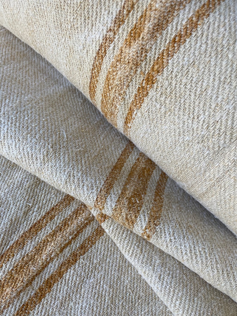 Grain sack Fabric Antique homespun linen Caramel Ochre striped hemp by the yard twill weave image 10