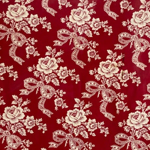 Vintage Fabric Red Floral & Bow Pattern French faded c1900 cotton textile Cottage Country  style The Textile Trunk eco-friendly