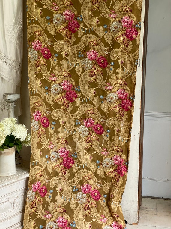 アンティーク ピンク&カーキ ティッキングクロス レース☨花柄