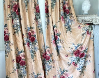 2 TWO SET Vintage curtains antique buff  pink glazed  floral printed textiles cottage Farmhouse styleUnique window treatment