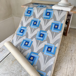 3.72yrds (7.45ydsavail) 1920s French Art Deco Wallpaper Roll Grey Blue Geometric Floral Pattern Gold FRANÇAISE Unique Wall Art Handmade