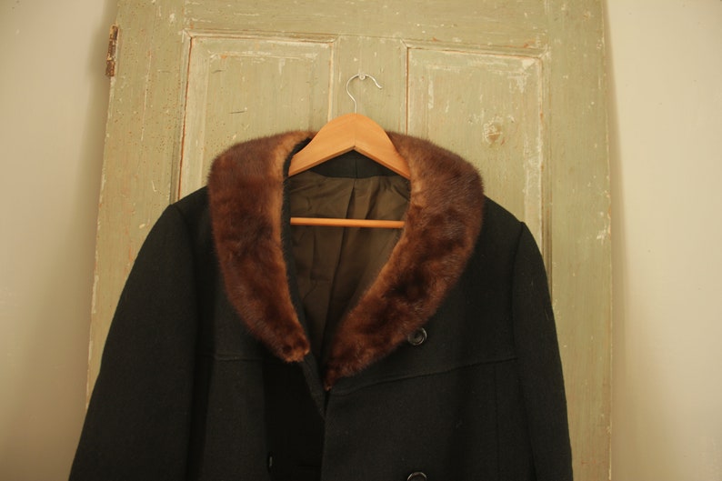 Antique French Mink Collared Black Wool coat 1940s Jacket with Silk Lining French Classic vintage clothing image 6