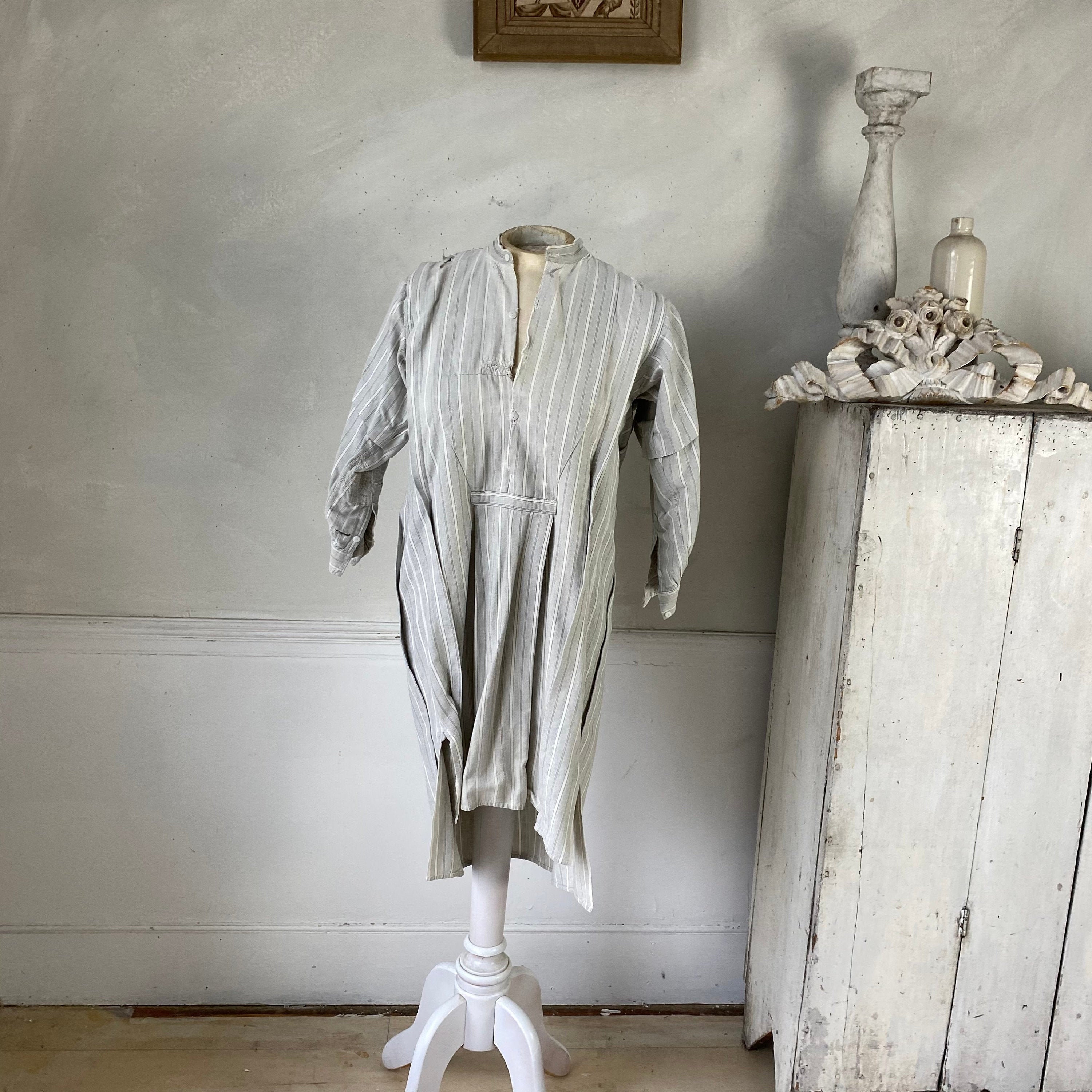 Timeworn White Striped Work Wear French Plaid Shirt Chore