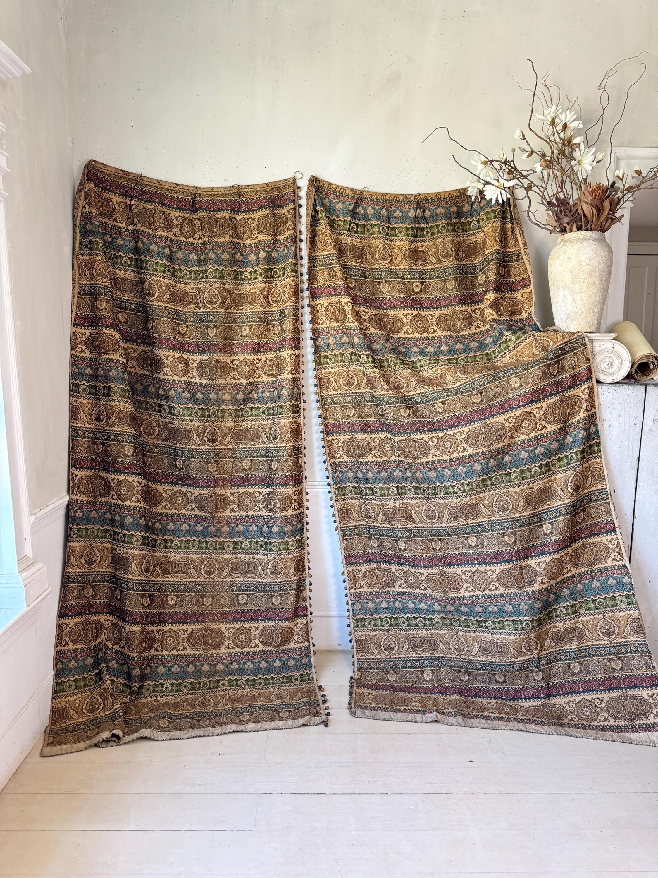 2 94x48 Antique Curtains Ottoman Silk Cotton Textile Pair Islamic