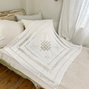 40x38 Antique handmade French White Lace tablecloth  square damask festive Christmas Thanksgiving eco-friendly