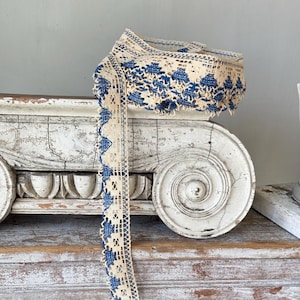14.4 yards handmade French lace blue ecru Valentines day craft trim for pillows toss cushions dress making etc shabby farmhouse home decor