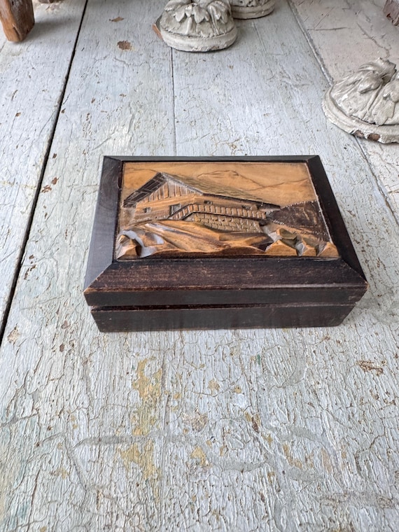 6.5x4.5 Box French Alpine Chalet Carved Wood Box Vintage Folk Art