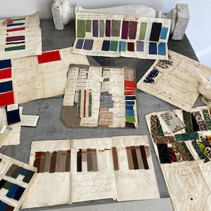 1745 RARE 18th Century COLLECTION set Fabric samples swatches sample swatch book  Fashion history Historical discovery papers writing