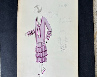 May include: A hand-drawn fashion illustration of a woman wearing a purple dress with a ruffled skirt and matching ruffled sleeves. The dress has a white collar and a purple bow tie. The illustration is on a white paper background with the number 4450 written in the top right corner. The text "crepe satin, blouse plain, dress jaune, chemise, 2 tons of pink" is written in cursive.