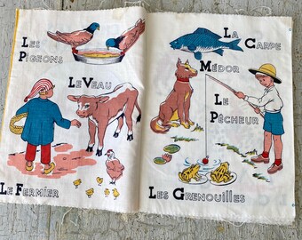 Vintage French fabric animal names  learning  book  for children baby book