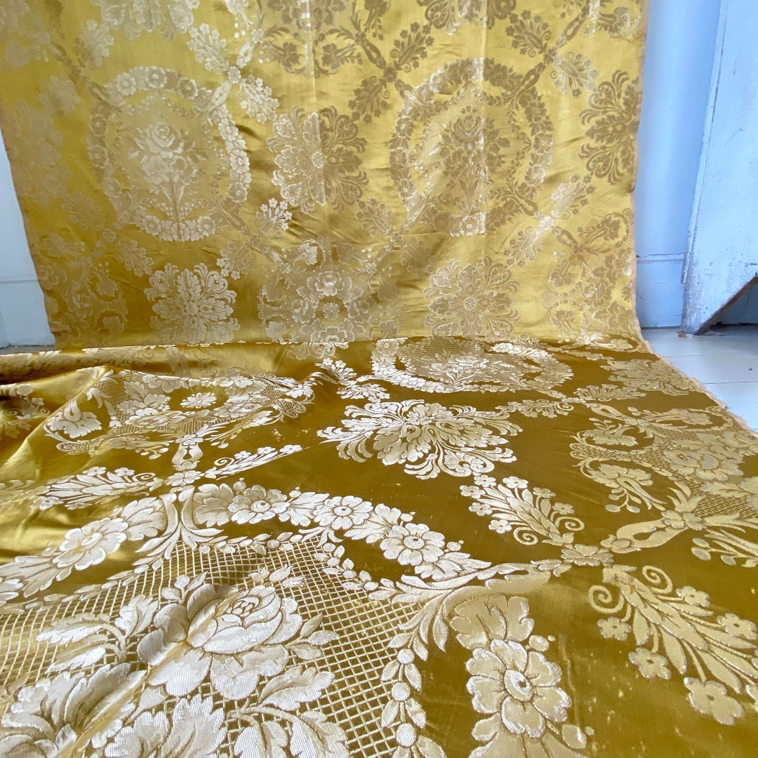Vintage Silk Damask Fabric Material GOLD Yellow Silky Sheen BEAUTIFUL