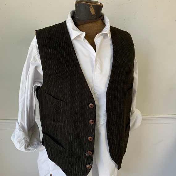 Antique French black woven tweed  unisex  vest / … - image 5