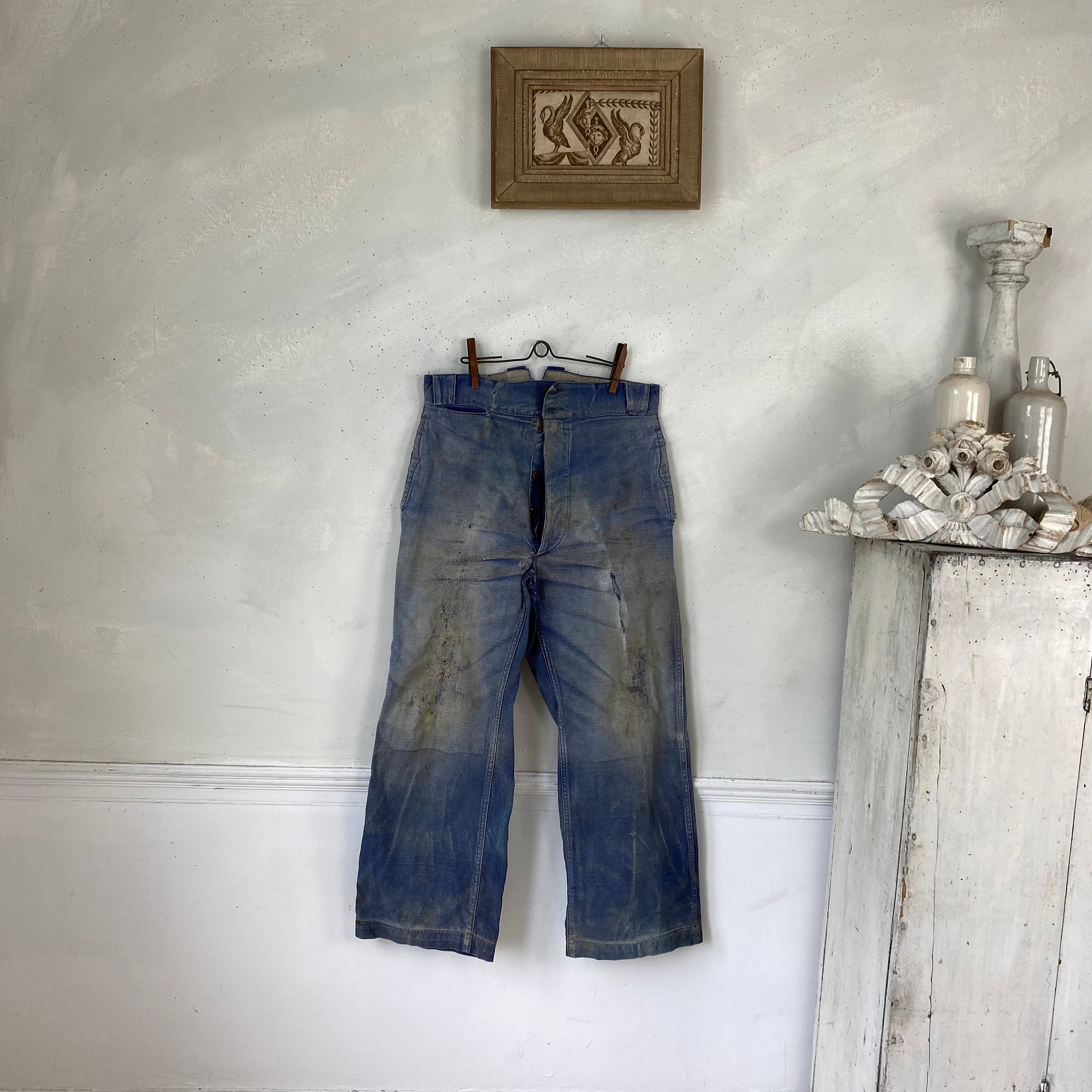 パンツ Euro antique pants vintage pants Vintage French work chore pants blue farmers 1920s-30s
