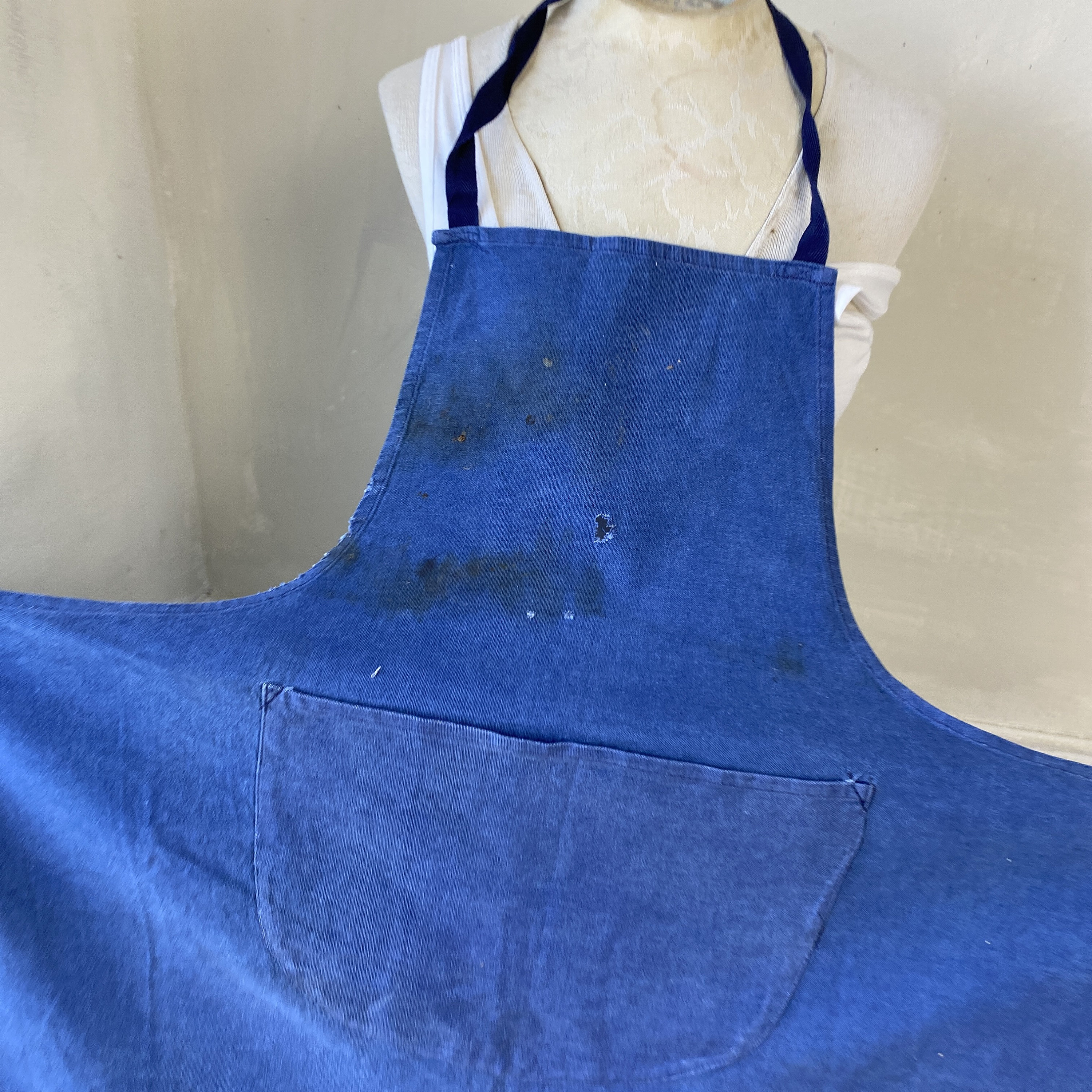Vintage 1930s Apron French Faded Blue Cotton Denim Workwear