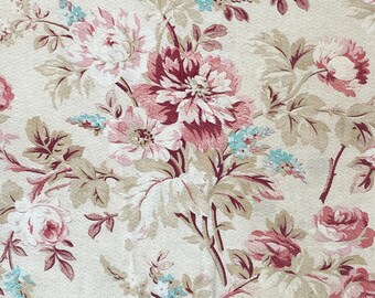 Antique French Fabric Printed Cotton 19th Century upholstery yardage Roses lilac 