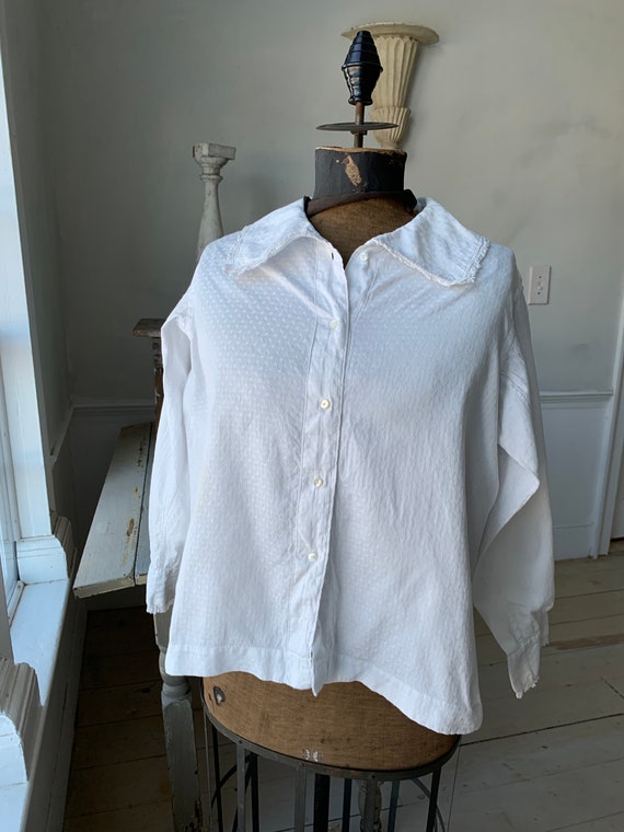Vintage White Blouse French Cotton Damask Shirt c1