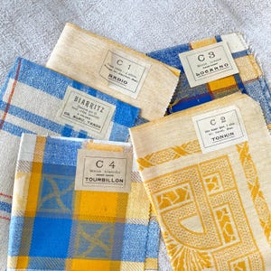 11x11 Antique French Woven Linen Cotton Damask Table Linen Samples Linge de Table Voiron Fabric Swatches Early 1900s yellow blue