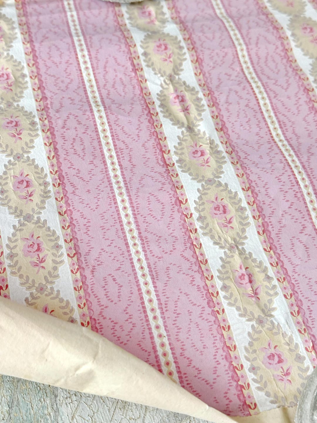 16x20 Antique Belgian Wallpaper Pink Stripe Pattern Design Floral ...