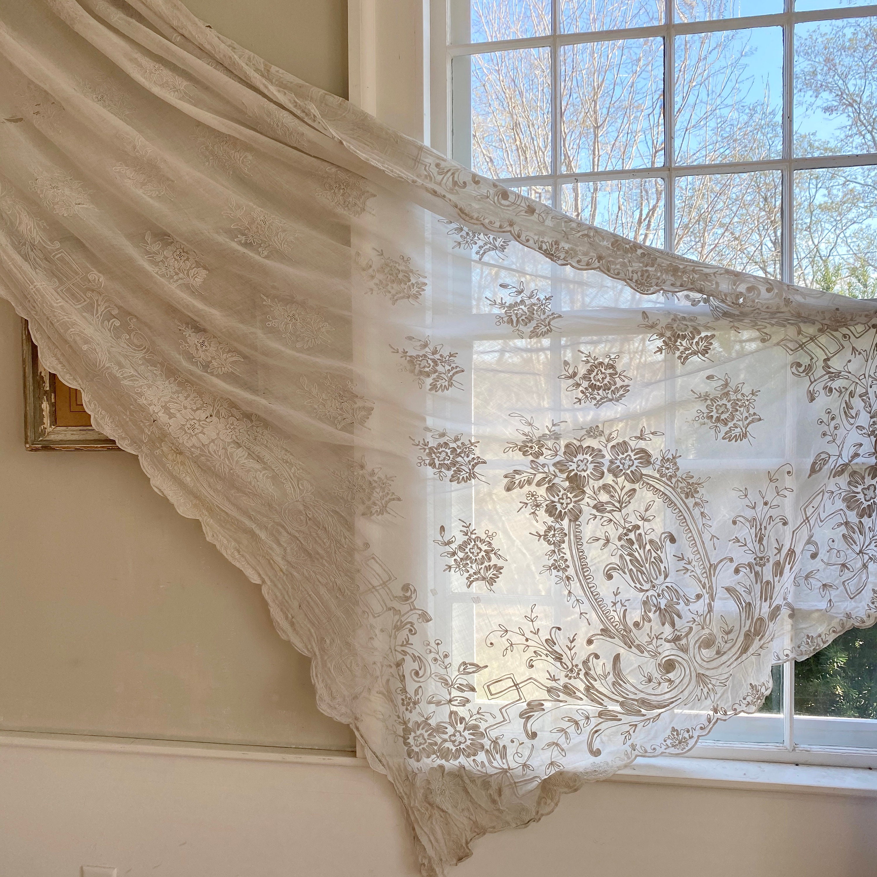 Antique Tambour Lace Sheer Curtain Panel 1800s White Lacework Etsy