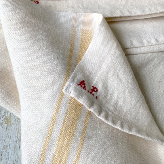 1 Single Vintage German Towel Golden Yellow Stripes AP Monogram Linen Cotton 1930s Rustic Farmhouse Linens Textile Trunk Eco-friendly
