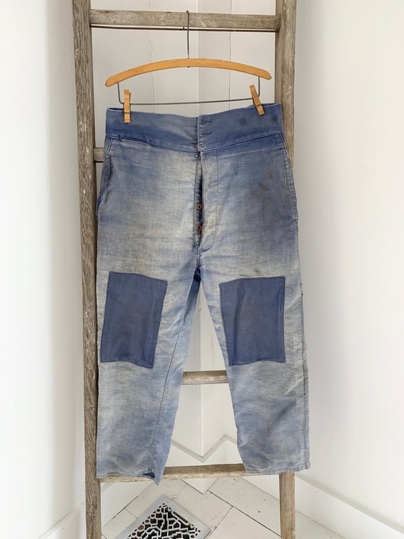 Vintage Pants Patched French Workwear Blue Moleski