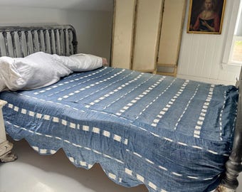 1780 Full size Bedcover Antique 18th century Indigo bedspread handmade hemp blue fabric coverlet timeworn repairs distressed faded bed cover