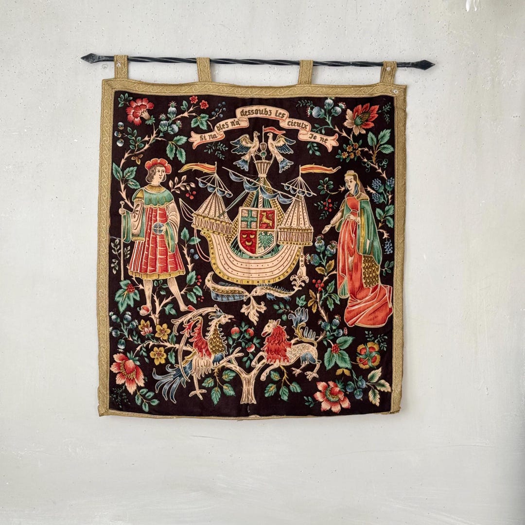 Medieval Tapestry Rods 26x23 Vintage French Tapestry Wall Hanging Medieval Ship Heraldic Crest ...