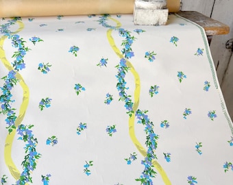 1.7yds Vintage wallpaper roll Sevres Suzanne Nobilis Fontaine Paris floral ribbon stripe French wallcoverings blue green farmhouse decor
