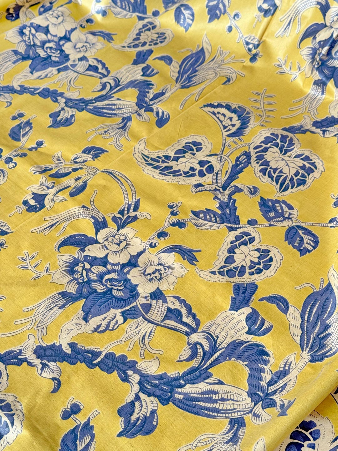 7.11yds French Chintz Fabric Yellow Blue Botanical Vintage Fabric